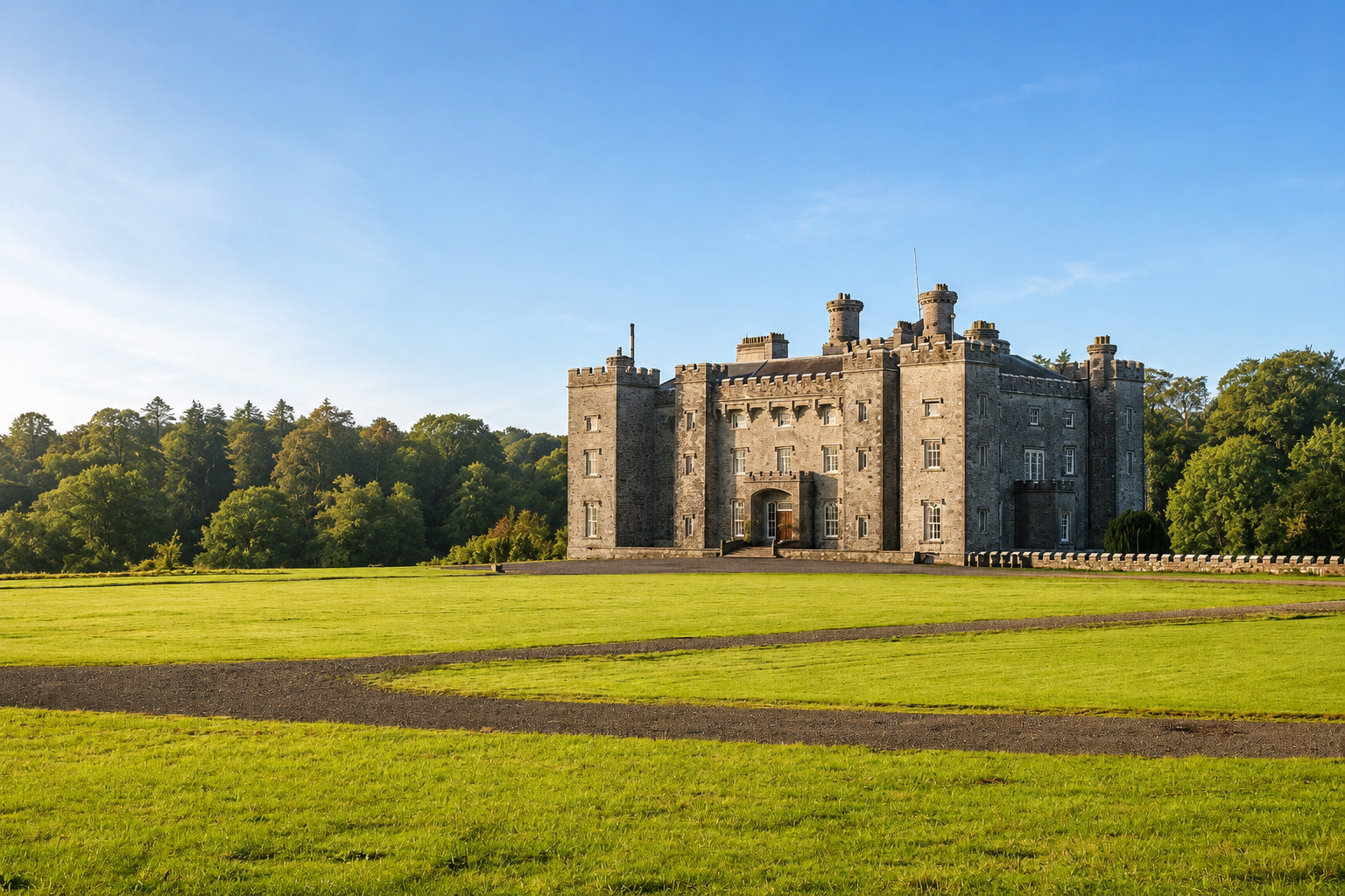 Slane Castle at dawn, wrapped in Irish morning mist