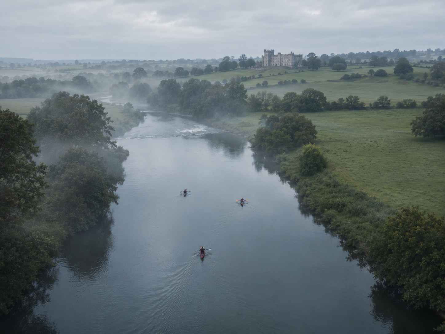 Kayakers on a misty Irish river